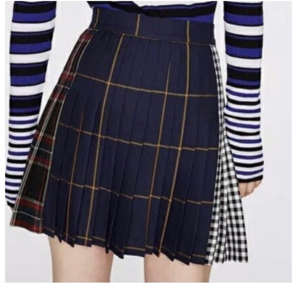 Zara Pleated Mixed Print Check Mini Skirt Sz M - Picture 2 of 7